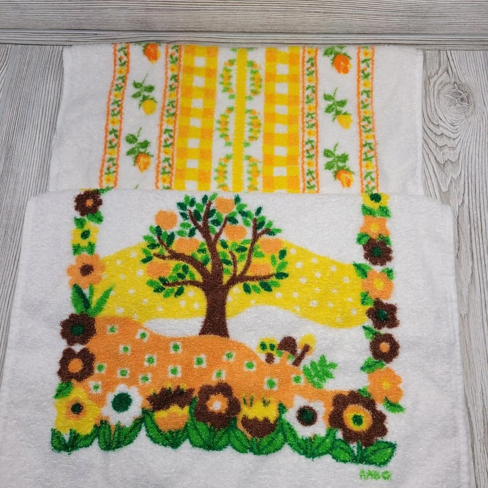 Dundee Hand‎ Towel Set White Yellow Orange Floral Tree Gingham 2pc MCM Vtg